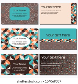 Set of six horizontal business cards. Multicolored geometric ornament. Complied with the standard sizes.