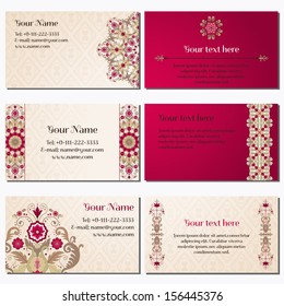 Set of six horizontal business cards. Beautiful floral pattern in vintage style. Simple delicate ornament. Place for your text. Complied with the standard sizes.