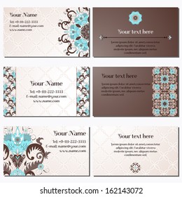 Set of six horizontal business cards. Beautiful floral pattern in vintage style. Simple delicate ornament. Place for your text. Complied with the standard sizes.