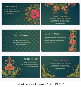 Set of six horizontal business cards. Beautiful floral pattern in vintage style. Bright colors and dark background. Place for your text. Complied with the standard sizes.