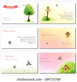 Set of six horizontal business cards. Watercolor tree with green foliage and grass. Cartoon birds and birdhouse. Beautiful blurred background. Hand drawing. Place for your text. 