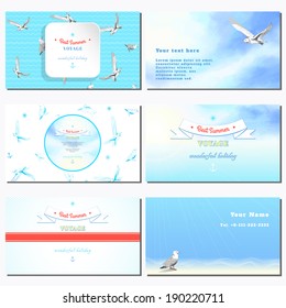 Set of six horizontal business cards. Marine background. Sky painted oil pastel. Gulls, pencil hand drawing. Decorative elements, tape, anchor, sun. Place for your text. 