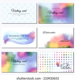 Set of six horizontal business cards. Handmade watercolor. Simple seamless backgrounds. Complied with the standard sizes.