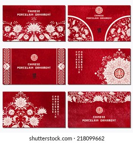 Set of six horizontal business cards. Beautiful flowers and red watercolor background. Hand drawing. Imitation of chinese porcelain painting. Place for your text.