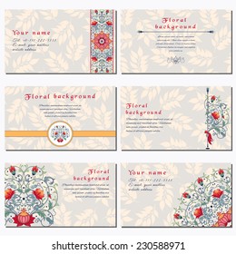 Set of six horizontal business cards. Pattern with fantasy flowers. Seamless delicate ornament with leaves. Place for your text. Complied with the standard sizes.