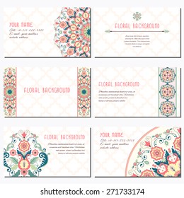 Set of six horizontal business cards. Vector floral pattern in modern style and moroccan tiles ornament. Place for your text.