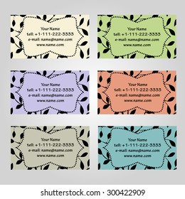 Set of six horizontal business cards in different soft colors. Vintage pattern with leaves. Complied with the standard sizes.