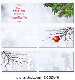 Set of six horizontal business cards. Christmas tree and red ball on the tree on snowfall backdrop of the street with cars, man walking with a dog. Place for your text. Christmas and New Year theme.