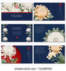 Set of six horizontal business cards. Flowers in style of japanese. Chrysanthemum flowers. Place for your text.