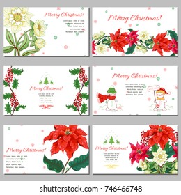 Set of six horizontal business cards. Branches of Christmas Star flowers, hellebore and holly. Winter snow ornament on backdrop. Place for your text