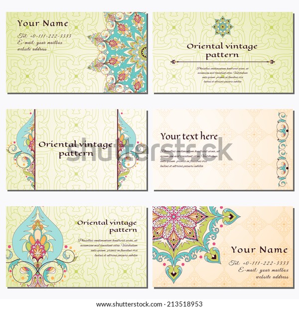 Set of six horizontal business cards. Oriental\
floral pattern. Simple delicate ornament. Place for your text.\
Complied with the standard\
sizes.
