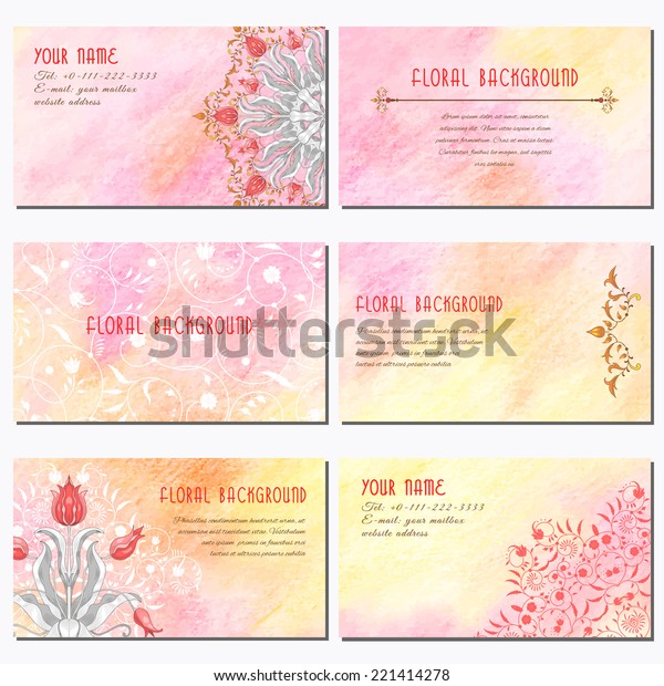 Set of\
six horizontal business cards. Tulip flower ornament and decor with\
leaves. Floral pattern with curls. Delicate colored pencil\
background. Hand drawing. Place for your text.\
