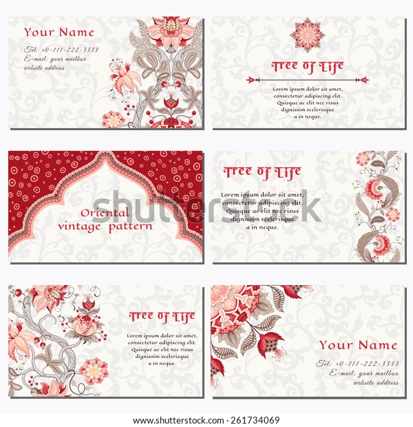 Set of six horizontal business cards. The motives\
of the paintings of ancient Indian fabrics. Tree of Life\
collection. Place for your\
text.