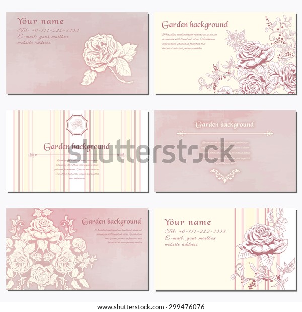Set of six horizontal\
business cards. Silhouette of hand drawn victorian garden roses.\
Watercolor and striped backdrops. Vintage style. Place for your\
text.