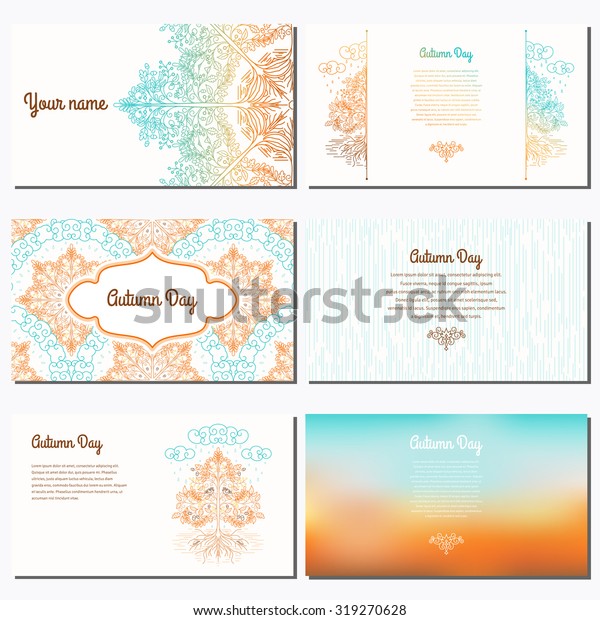 Set of six horizontal business cards. Autumn\
pattern. Contoured tree in the rain and the soil. Gradient\
elements. Place for your\
text.