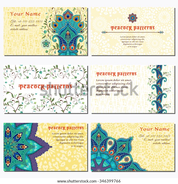 Set of six horizontal business cards. Round\
oriental traditional paisley flowers with peacock feathers.\
Abstract backdrop. Place for your\
text.