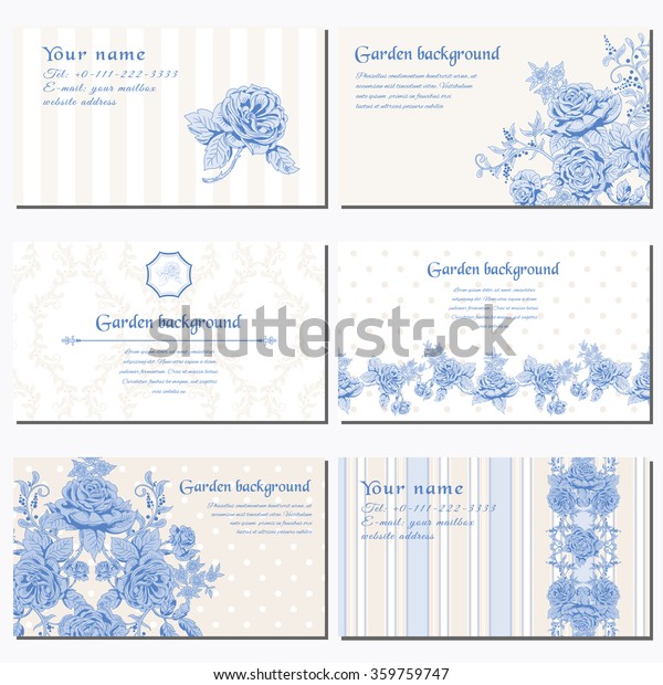 Set of six horizontal business cards. Delicate\
bouquet of french roses in vintage style. Striped and polka dots\
backdrops. Place for your\
text.