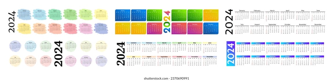 Set of six horizontal calendars for 2024 isolated on a white background. Sunday to Monday, business template. Vector illustration
