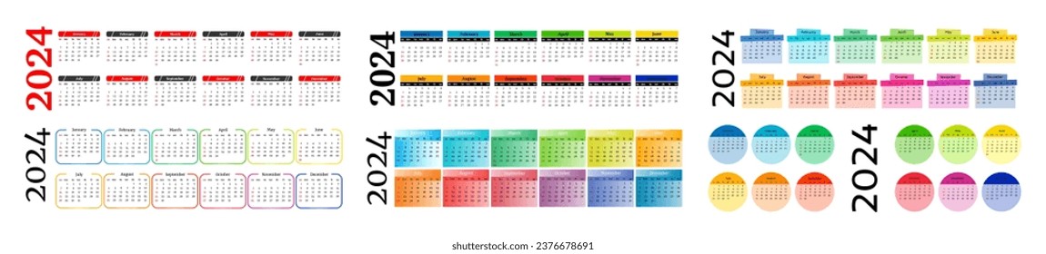 Set of six horizontal calendars for 2024 isolated on a white background. Sunday to Monday, business template. Vector illustration