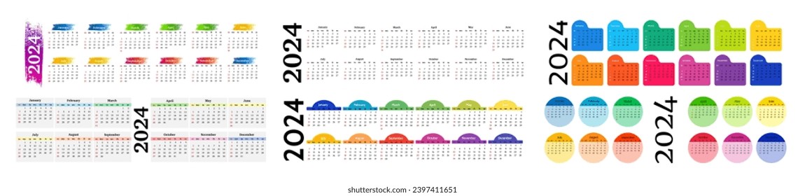 Set of six horizontal calendars for 2024 isolated on a white background. Sunday to Monday, business template. Vector illustration