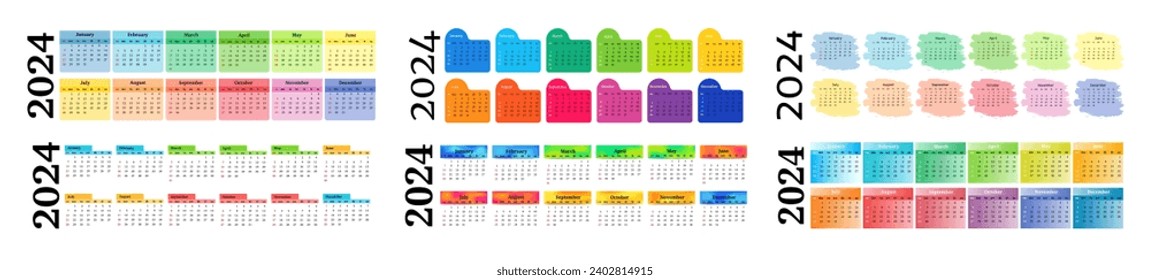 Set of six horizontal calendars for 2024 isolated on a white background. Sunday to Monday, business template. Vector illustration