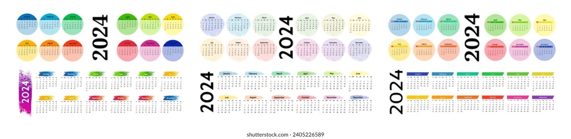 Set of six horizontal calendars for 2024 isolated on a white background. Sunday to Monday, business template. Vector illustration