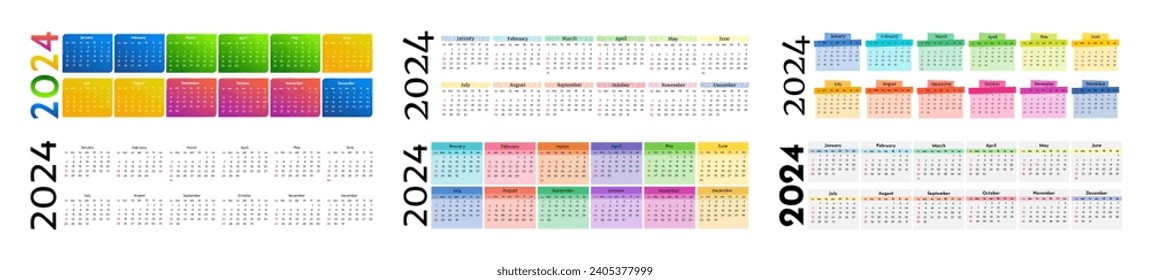 Set of six horizontal calendars for 2024 isolated on a white background. Sunday to Monday, business template. Vector illustration