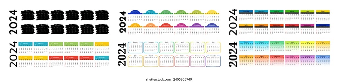 Set of six horizontal calendars for 2024 isolated on a white background. Sunday to Monday, business template. Vector illustration