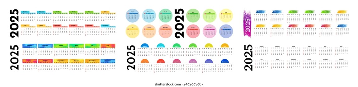 Set of six horizontal calendars for 2025 isolated on a white background. Sunday to Monday, business template. Vector illustration