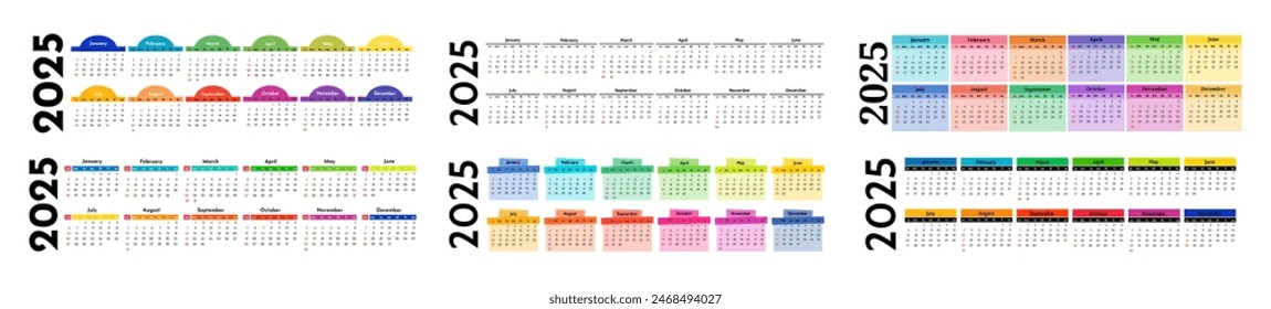 Set of six horizontal calendars for 2025 isolated on a white background. Sunday to Monday, business template. Vector illustration