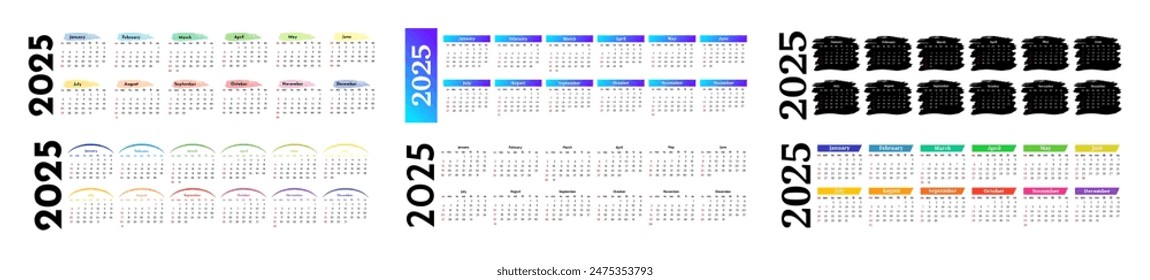 Set of six horizontal calendars for 2025 isolated on a white background. Sunday to Monday, business template. Vector illustration