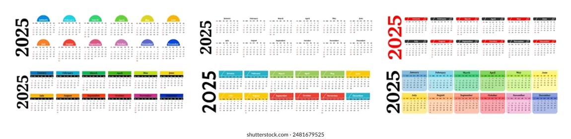 Set of six horizontal calendars for 2025 isolated on a white background. Sunday to Monday, business template. Vector illustration