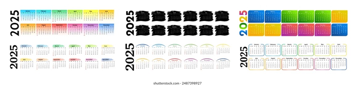 Set of six horizontal calendars for 2025 isolated on a white background. Sunday to Monday, business template. Vector illustration