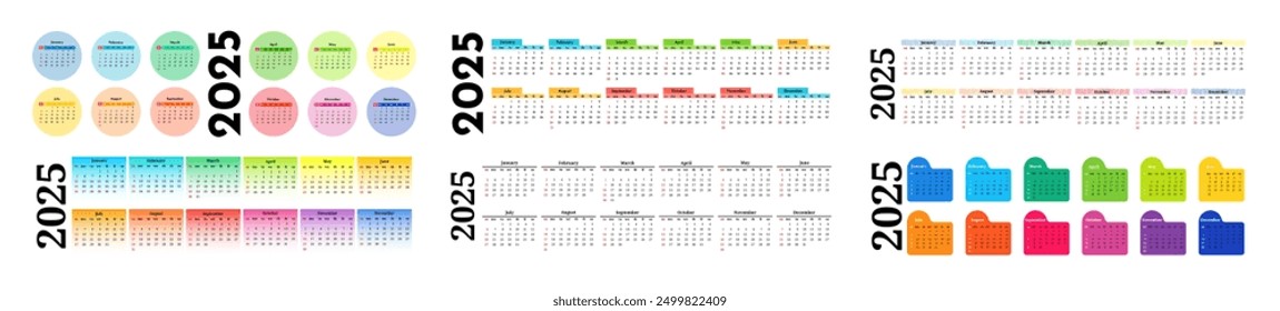 Set of six horizontal calendars for 2025 isolated on a white background. Sunday to Monday, business template. Vector illustration