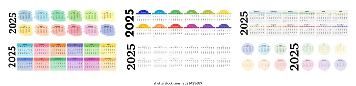 Conjunto de seis calendários horizontais para 2025 isolado em um fundo branco. De domingo a segunda-feira, modelo de negócios. Ilustração vetorial