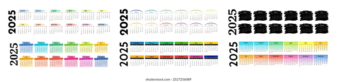 Conjunto de seis calendarios Horizontales para 2025 aislados sobre un fondo blanco. De domingo a lunes, Plantilla de negocios. Ilustración vectorial