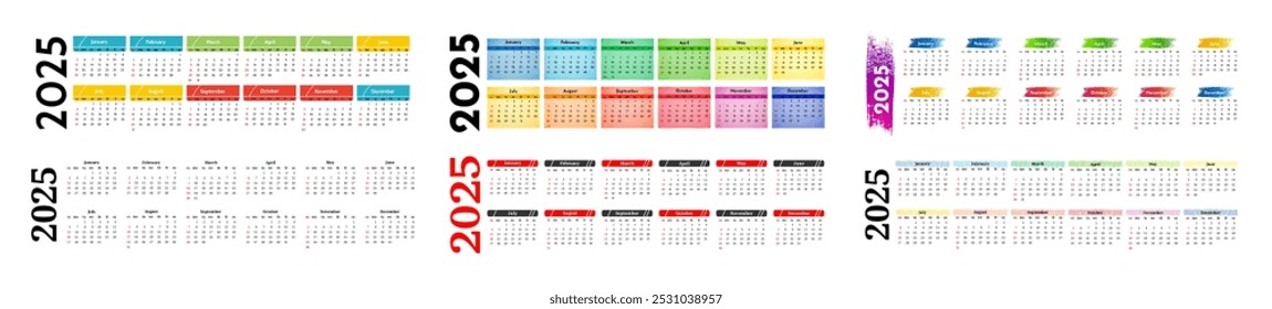 Conjunto de seis calendários horizontais para 2025 isolado em um fundo branco. De domingo a segunda-feira, modelo de negócios. Ilustração vetorial