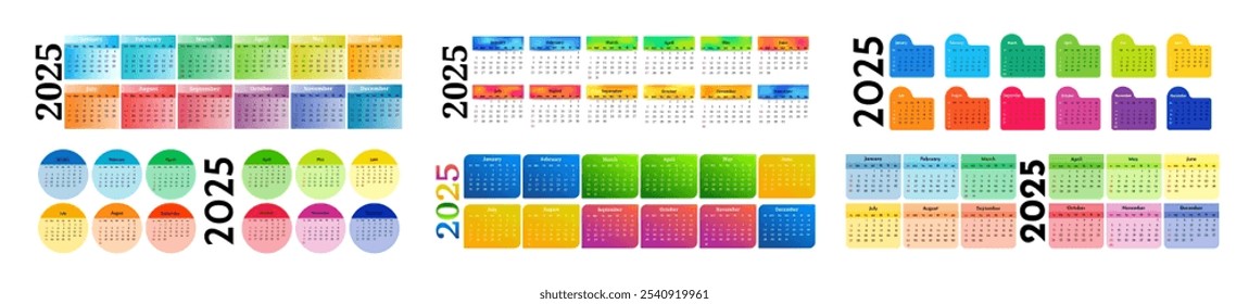 Conjunto de seis calendarios Horizontales para 2025 aislados sobre un fondo blanco. De domingo a lunes, Plantilla de negocios. Ilustración vectorial