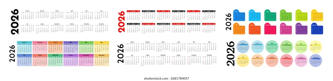 Conjunto de seis calendarios Horizontales para 2026 aislados sobre un fondo blanco. De domingo a lunes, Plantilla de negocios. Ilustración vectorial