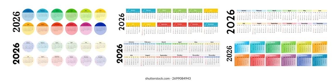 Conjunto de seis calendários horizontais para 2026 isolado em um fundo branco. De domingo a segunda-feira, modelo de negócios. Ilustração vetorial