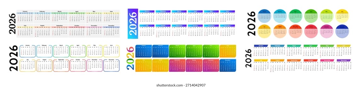 Conjunto de seis calendários horizontais para 2026 isolado em um fundo branco. De domingo a segunda-feira, modelo de negócios. Ilustração vetorial