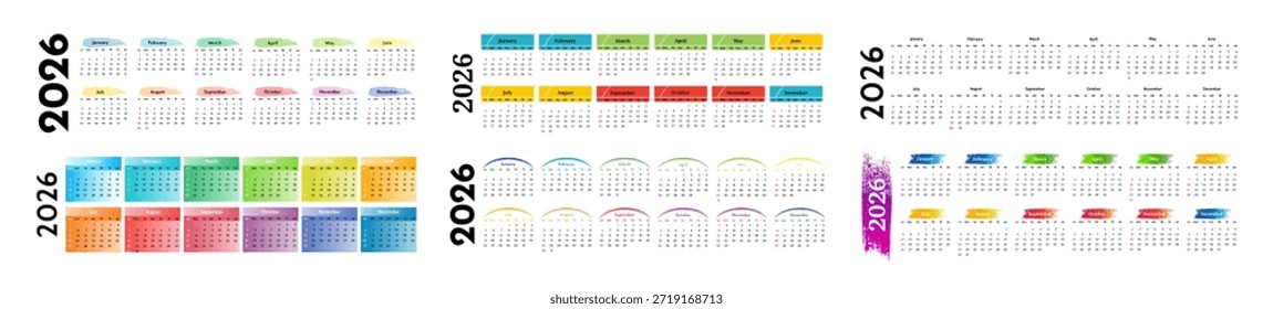 Conjunto de seis calendarios Horizontales para 2026 aislados sobre un fondo blanco. De domingo a lunes, Plantilla de negocios. Ilustración vectorial