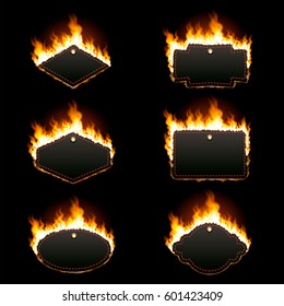 Set of six horizontal frames with text space surrounded with realistic flame isolated on black background. Burning fire light effect. Bonfire elements. Gradient mesh vector illustration