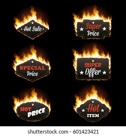 Set of six hot sale horizontal frames of different shapes surrounded with realistic flame isolated on black background. Burning fire light. Bonfire elements. Gradient mesh vector for your design
