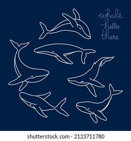 Set of six humpback whales and lettering minimalist simple outline vector logo illustration. Isolated contour whale drawing on darkblue background