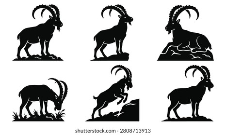 A set of six ibex in various poses silhouette vector illustration on a white background
