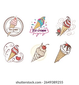 Set of six ice cream cone illustrations cone silhouette vector bundle