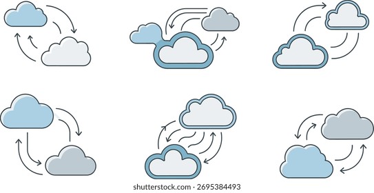 Un conjunto de seis iconos que representan la sincronización en la nube y la transferencia de datos. Cada icono muestra dos nubes estilizadas con flechas que indican el movimiento de datos entre