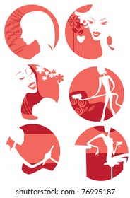 A set of six icons with images of two types of women