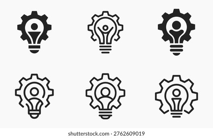 Set of six icons representing the concept of innovation and human ingenuity, featuring a light bul with a person silhouette inside a gear mechanism, symbolizing creative solutions and mechanical thin.